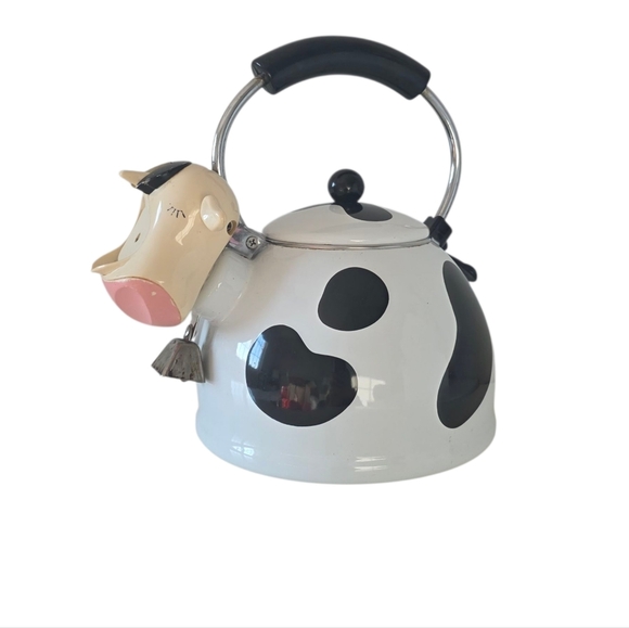 1992 M.K. Kamenstein Whistling 2 Quart Black and White Cow Tea Kettle with Bell - Picture 8 of 12